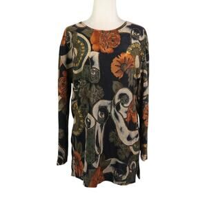 Vintage 90s Superline Black Orange Abstract Floral Slinky Jersey Long Sleeve Tee